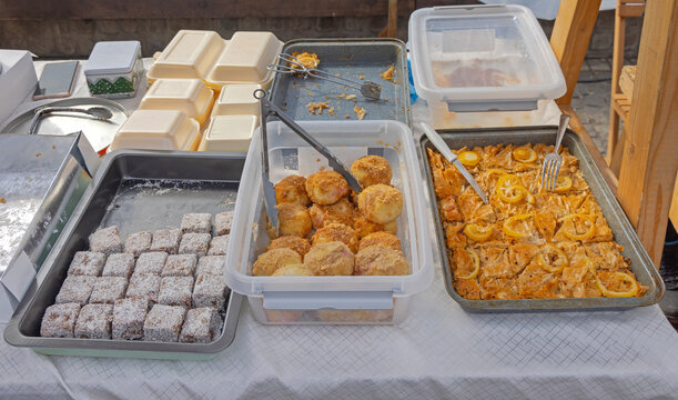 Baked Cakes Plum Dumplings Baklava in Trays for Sale at Sweet Market Stall