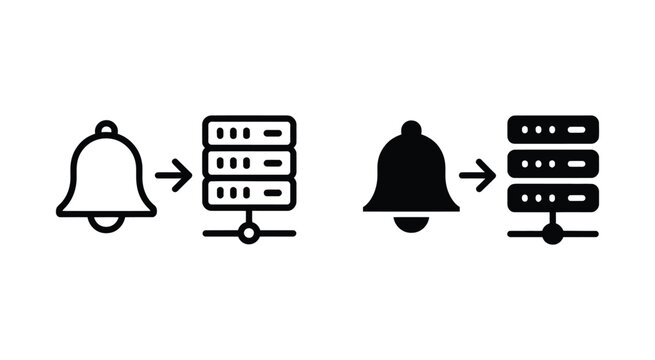 Notification bell server icon set featuring alert system data storage and cloud notification vector graphics for modern UI design