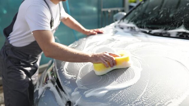 A man wearing overalls and a white t-shirt is meticulously washing a car's hood with a yellow sponge and soapy water