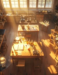 Obraz premium A well-lit laboratory with various equipment on wooden tables