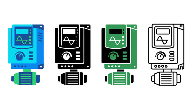 Variable Frequency Drive Icon with Digital Display Control Unit and Motor Symbols in Flat, Silhouette, Outline and Glyph Design