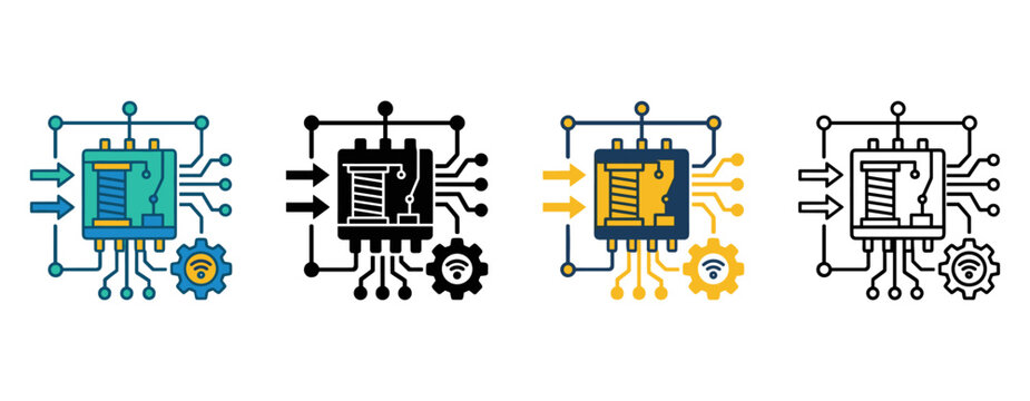 Relay Switch Icon with Relay Microchip Gear and Circuit Control Symbols in Flat, Silhouette, Outline and Glyph Design