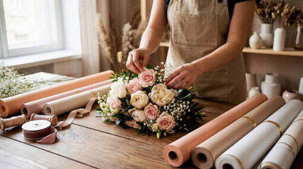 Florist arranging fresh roses and peonies bouquet in workshop, copy space