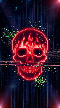 Red pixelated skull with glitch effect against binary code background, symbolizing cyber threat, danger, and digital data