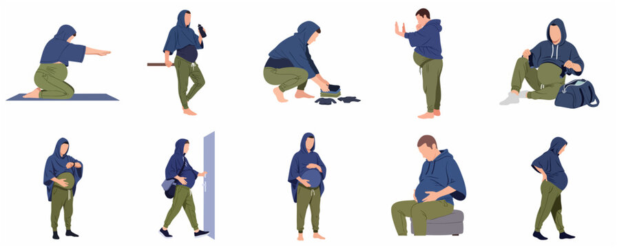 Flat vector illustration set of a pregnant person engaged in various daily activities and routines, representing inclusive parenting and diverse experiences.