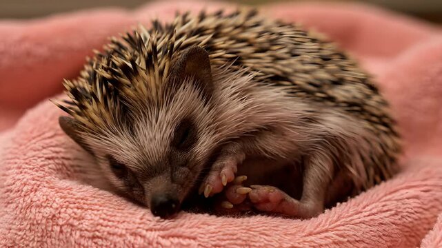 Adorable Baby Hedgehog Curled Up Sleeping on Soft Pink Blanket.