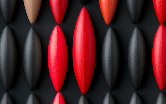 Abstract pattern of vibrant red and matte black spindle-shaped objects with a grainy texture on a dark surface