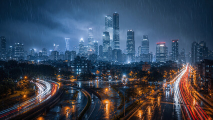 Obraz premium Global Megacity Skyline at Night in Heavy Rain – Light Trails and Skyscrapers in Dramatic Monsoon Storm