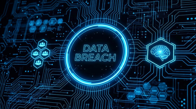 Digital illustration of a circuit board with "DATA BREACH" text, symbolizing a cyber security threat and the impact on digital information and privacy