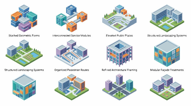 Set of isometric architectural building blocks and urban planning design elements for modern city development.