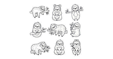 Fototapeta premium Cute Hand-Drawn Sloth Line Art Collection