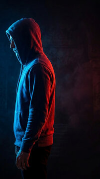 Man in a dark hooded sweatshirt, illuminated by blue and red light, creating a mysterious and edgy look, symbolizing urban youth culture or clandestine activity.
