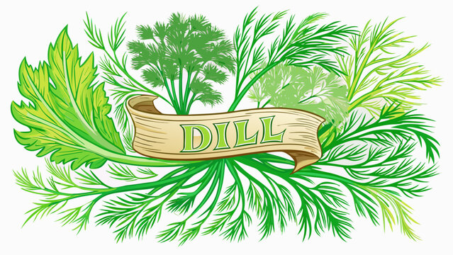 Very beautiful vibrant dill fronds featuring delicate green foliage, fine botanical details, fresh culinary character, and an elegant decorative label reading "DILL", isolated on white background in 