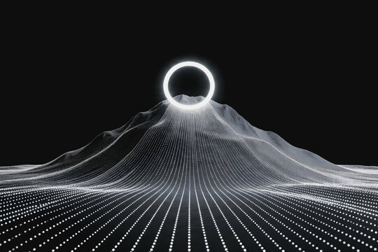 A monochrome 3D abstract digital landscape features a glowing ring atop a wireframe peak, with grid-like lines spreading outward.