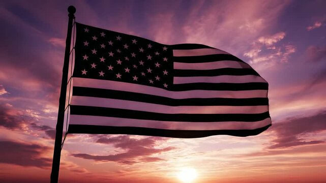 American Flag Waving Against Dramatic Sunset Sky.