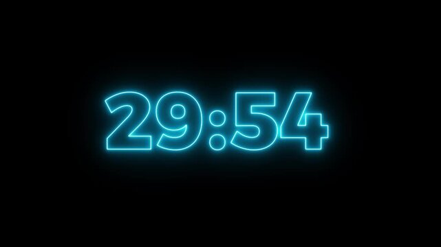 Abstract glowing blue neon 30 minutes to 29 minute countdown. Thirty minute to twenty nine minute countdown timer animation on transparent background with alpha channel.