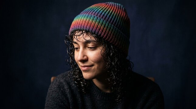 Proud individual with curly hair wearing rainbow pride beanie, gentle smile, contemplative portrait, inclusive LGBTQ identity, queer representation, authentic lifestyle photography