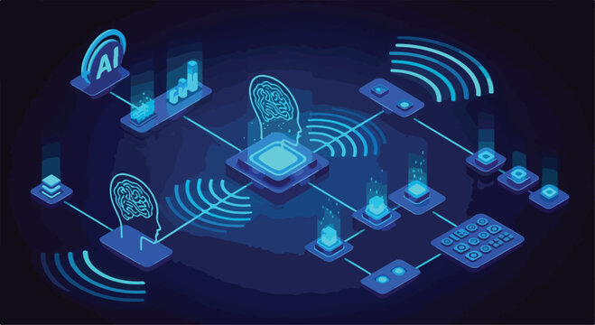 Artificial intelligence isometric concept, neural network and machine learning technology, digital brain and AI processor on blue background