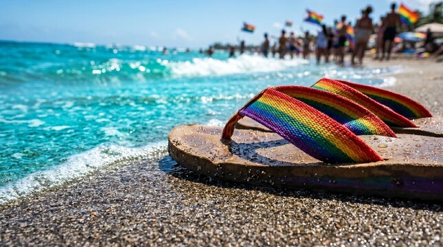 Rainbow flip-flops on a sun-drenched beach with pride flags and a celebratory crowd, tropical ocean waves, LGBTQ pride month, inclusive summer vacation, equality and diversity.