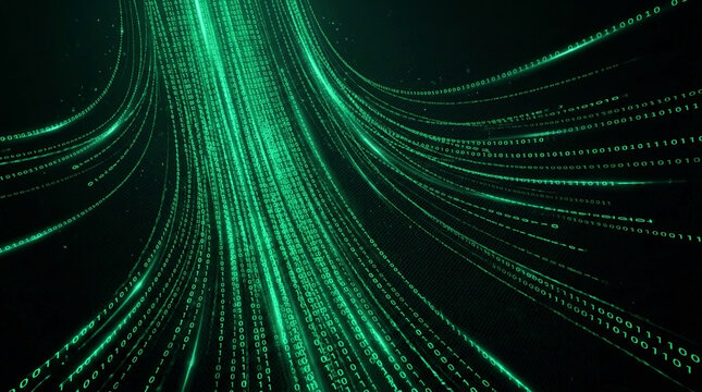 Green binary code streams flow, representing data transfer and digital information flow, symbolizing technology and cyberspace