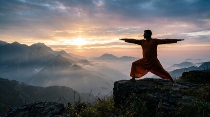 Fototapeta premium Yoga man in warrior pose on mountain peak at sunrise, spiritual practice in nature, peaceful misty landscape, mindfulness, International Day of Yoga, wellness and meditation