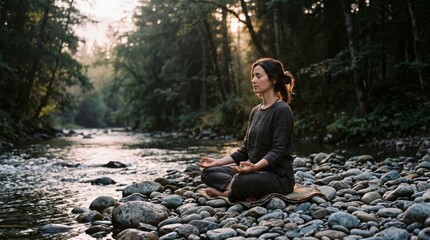 Fototapeta premium Woman meditating in lotus pose by forest river, peaceful mindfulness practice on rocky bank, golden hour light, zen wellness, International Yoga Day, spiritual tranquility, nature.