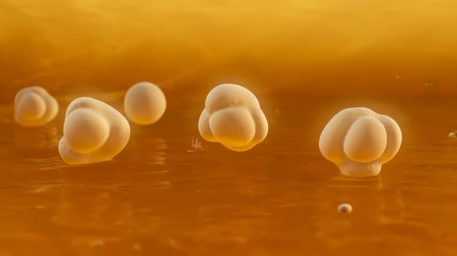 Microscopic organic forms resembling cell clusters and spores suspended in a warm, golden viscous fluid with soft, translucent textures and gentle lighting, scientific concept video footage
