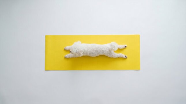 White poodle dog stretching on a vibrant yellow yoga mat, minimalist flat lay, International Yoga Day concept, pet wellness, fitness humor, zen lifestyle, clean studio shot