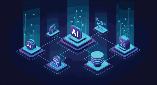 Artificial intelligence isometric vector concept, AI neural network data processing, futuristic digital technology infrastructure with glowing blue circuits
