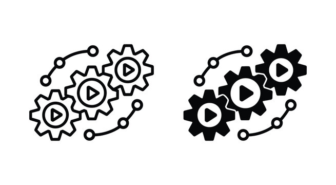 Process icons set featuring gear mechanisms workflow symbols and technology engineering vector graphics for system automation design