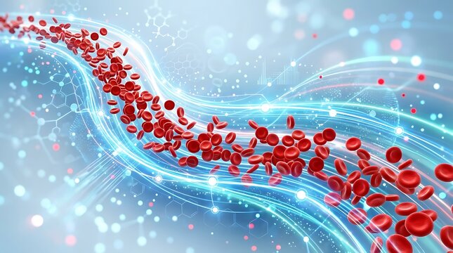 Red blood cells flowing through a vein with blue neon light lines. Microscopic 3d illustration of human circulatory system