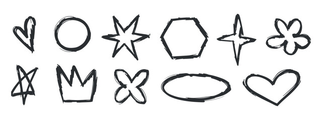 Fototapeta premium Hand drawn brush stroke icons set of hearts stars shapes and symbols