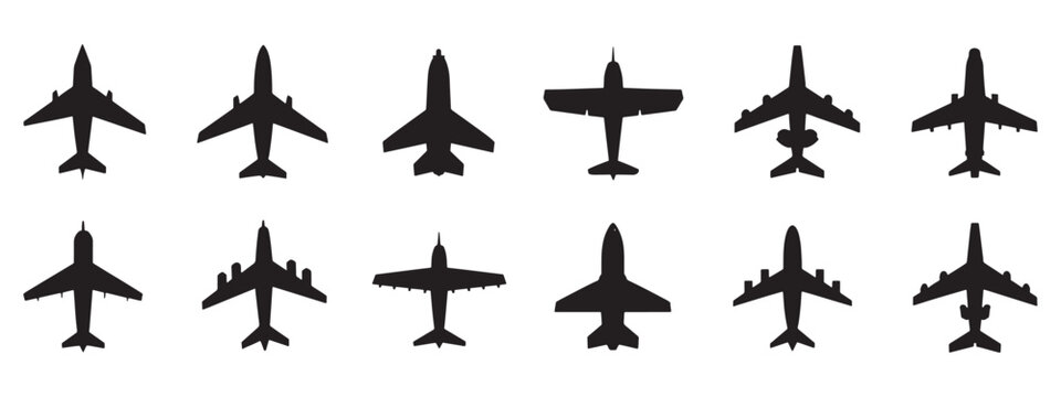 Airplane silhouettes in various positions and angles for design and presentation