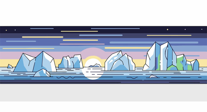 Stylized Arctic landscape with icebergs at twilight