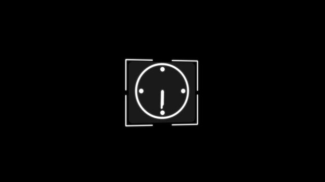Clock icon inside square frame, changing time, minimalist animation on black background, white linear symbol with moving arrows and dots.