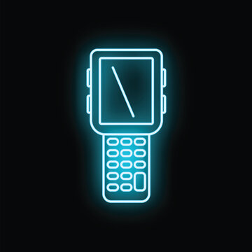 Handheld computer terminal device glowing with a bright blue neon outline on a black background