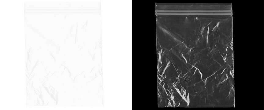 Transparent plastic zip bag texture, wrinkled polyethylene storage pouch on black background, clear poly bag mockup for product packaging