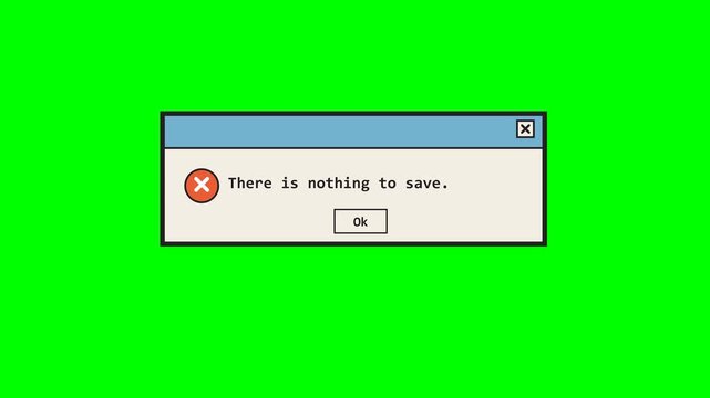 Retro Warning Dialog Box Animation with No Data Save Message on Green Screen