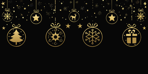 Golden Christmas Ornaments And Snowflakes Vector Illustration On Black Background © Etika
