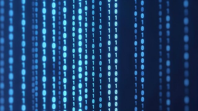 Digital matrix of glowing blue binary digits against a dark blue backdrop with soft focus.