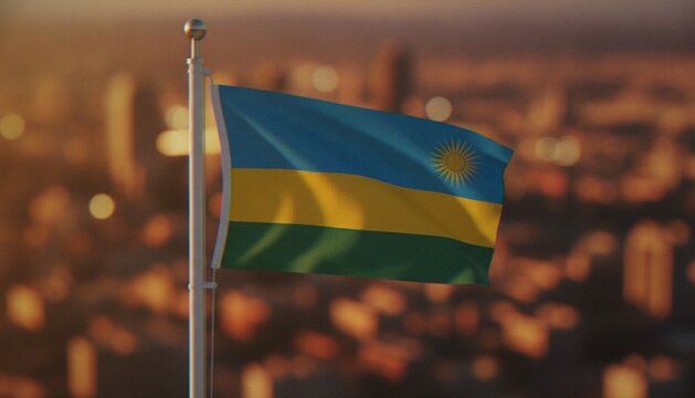 3D render of the national flag of Rwanda waving on a flagpole against a blurred city background at sunset.