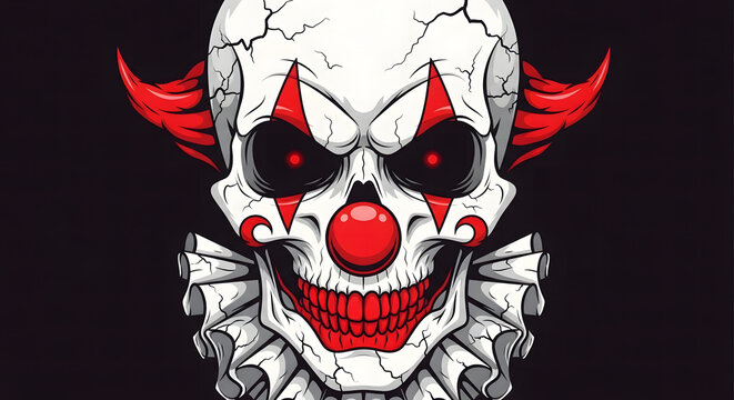 Disturbing jester skull digital art, ideal for a bold website background, impactful marketing material, a creepy mascot logo, or a horror-inspired design project
