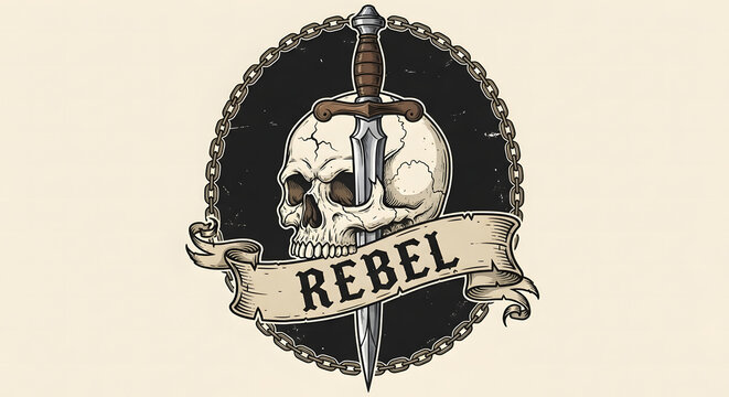 Powerful rebellious skull and dagger emblem on a textured background, ideal for compelling marketing logo design to represent bold and defiant brands