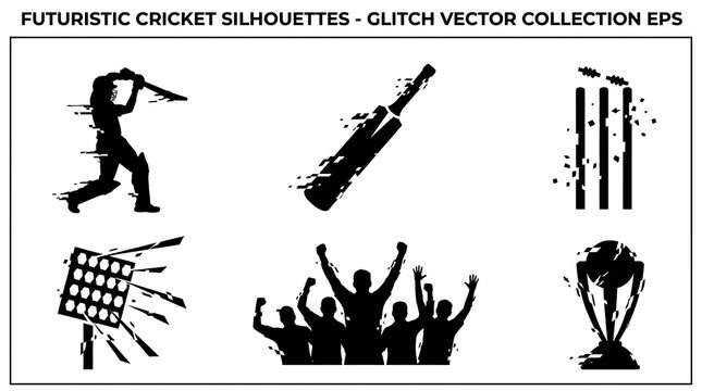 Futuristic cricket silhouettes glitch vector