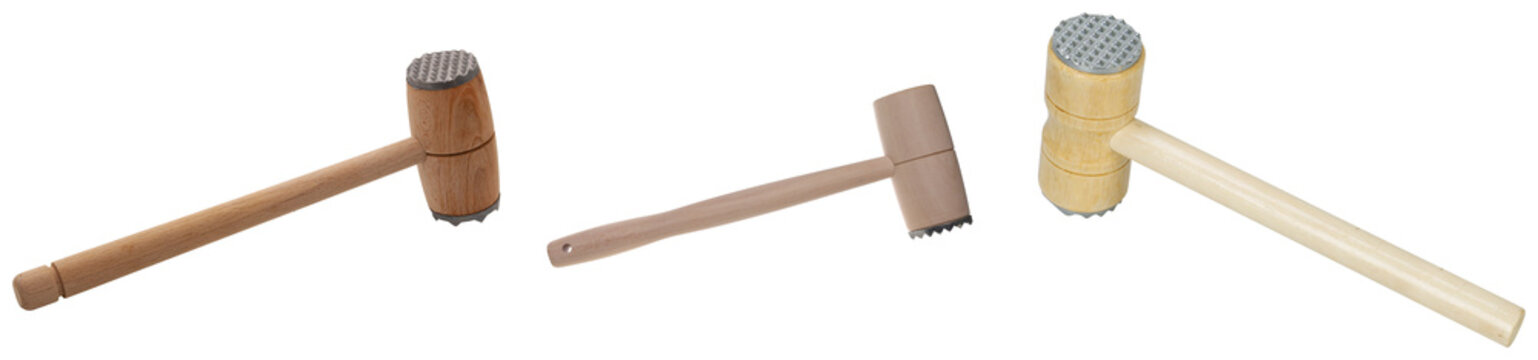 Three different meat tenderizers with wooden handles and metal heads, isolated on a white background