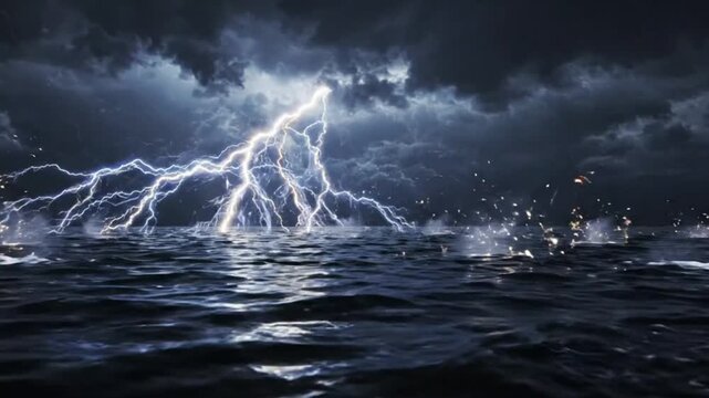 Dramatic thunderstorm at sea with bright lightning strikes hitting the dark waves under a heavy overcast sky and stormy weather