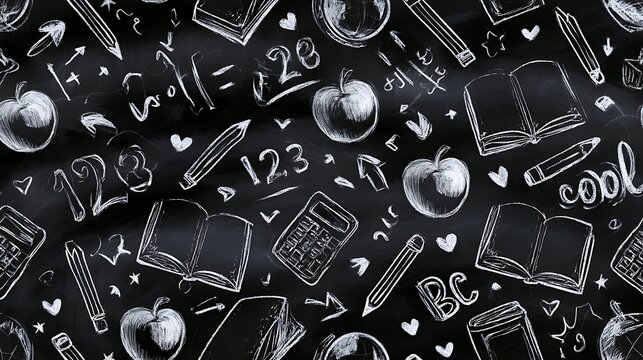 Back to school seamless pattern with chalk doodles on blackboard