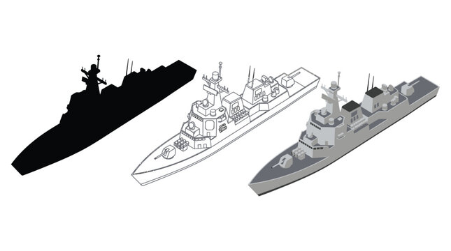 Naval Destroyer Ship Silhouette Line Drawing And 3d Rendered Versions