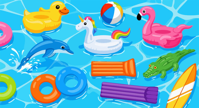 Vibrant vector illustration of colorful inflatable pool toys floating together