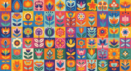 Naklejka premium Vibrant folk art vector illustration featuring colorful stylized floral square tiles